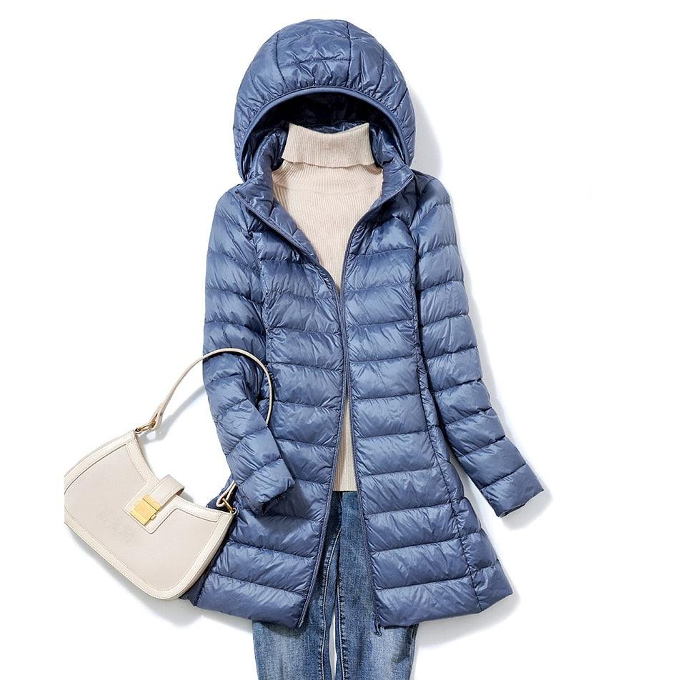 Women's Long Light Puffer Overcoat with Hood