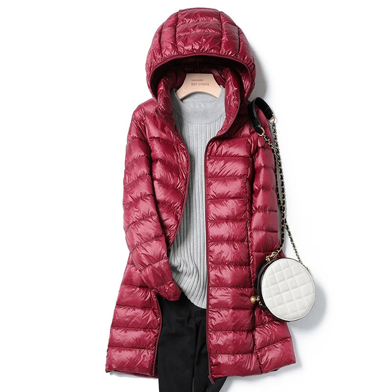 Women's Long Light Puffer Overcoat with Hood
