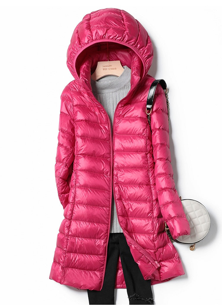 Women's Long Light Puffer Overcoat with Hood