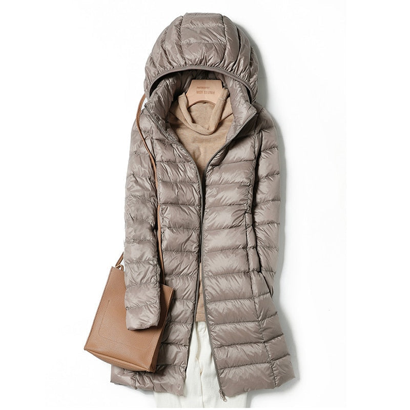 Women's Long Light Puffer Overcoat with Hood