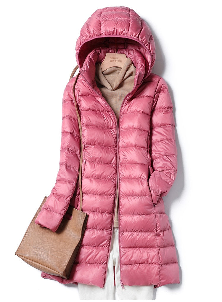 Women's Long Light Puffer Overcoat with Hood