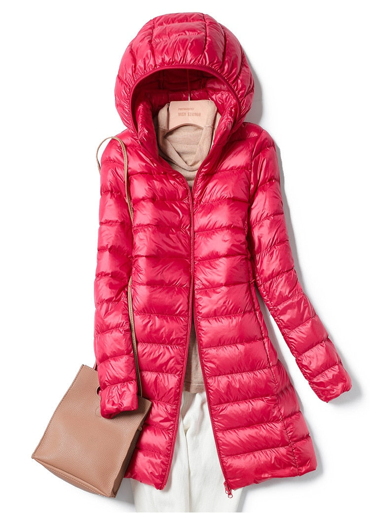 Women's Long Light Puffer Overcoat with Hood