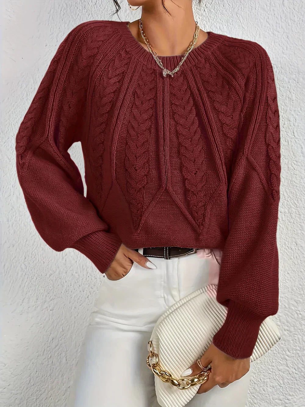 Women's Classic Short Body Crew Cable-Knit Sweater