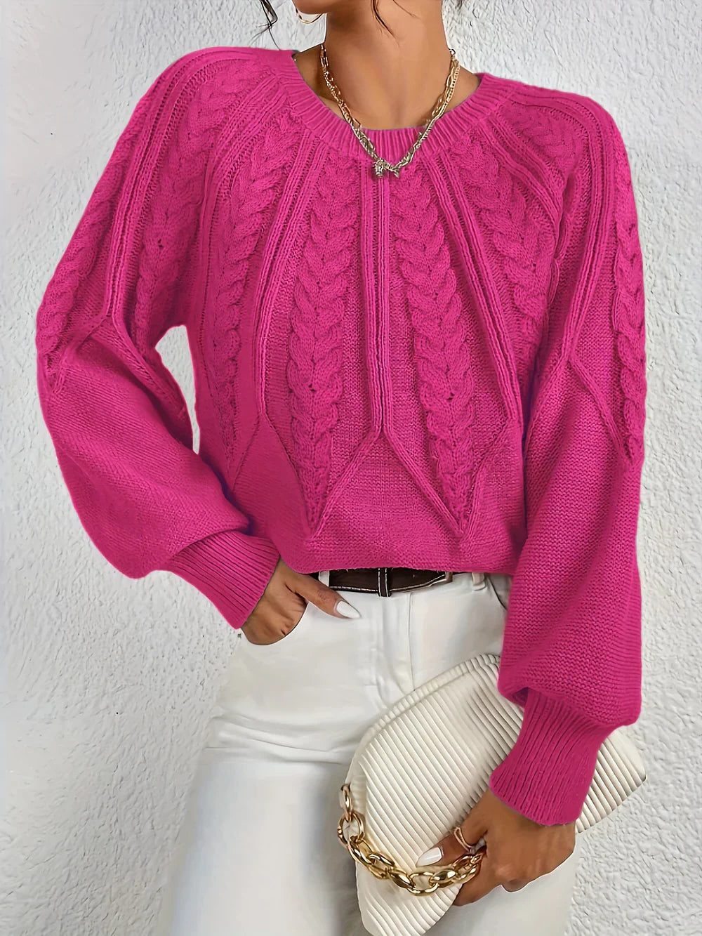 Women's Classic Short Body Crew Cable-Knit Sweater