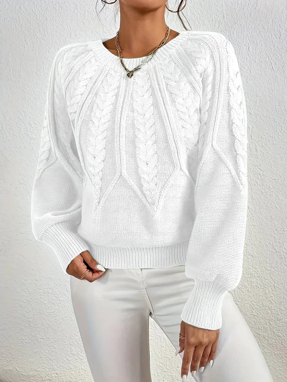 Women's Classic Short Body Crew Cable-Knit Sweater