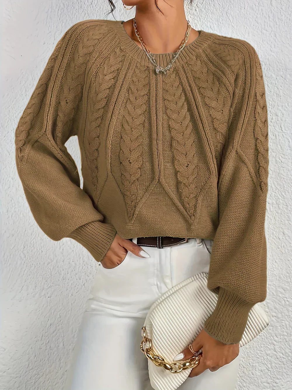 Women's Classic Short Body Crew Cable-Knit Sweater