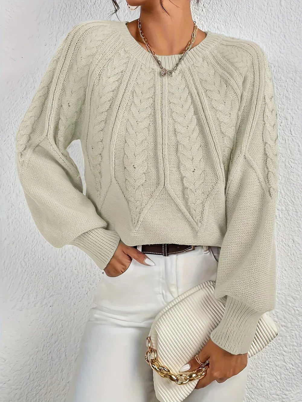 Women's Classic Short Body Crew Cable-Knit Sweater