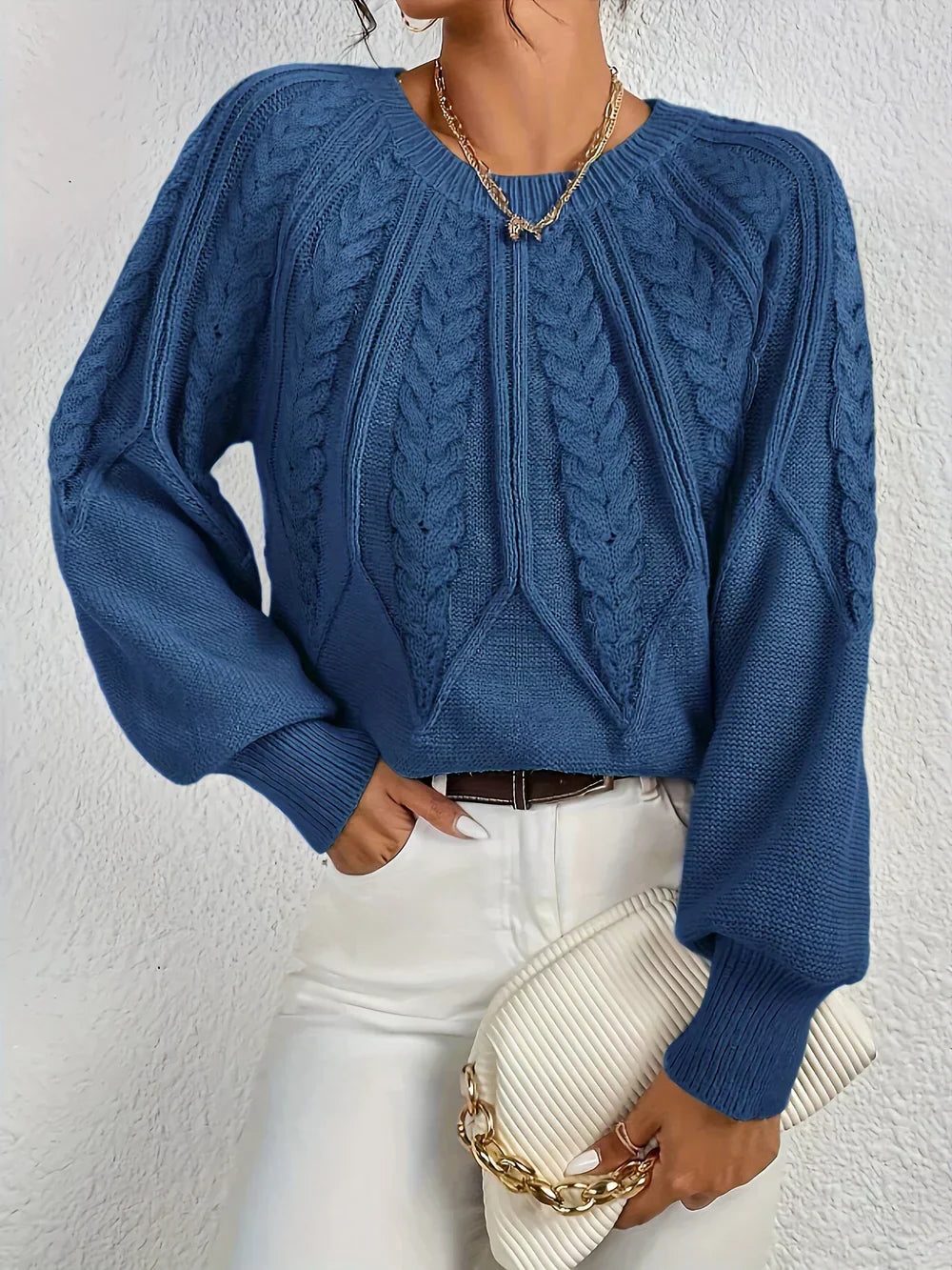 Women's Classic Short Body Crew Cable-Knit Sweater