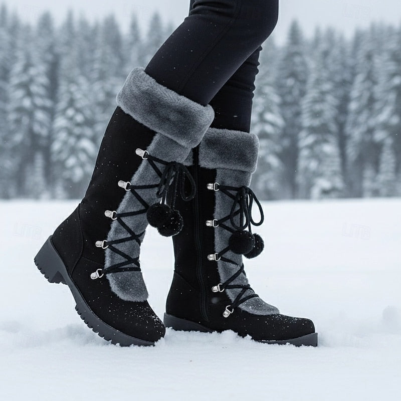 Women's Mid-Calf Winter Boots with Fur Collar and Laces