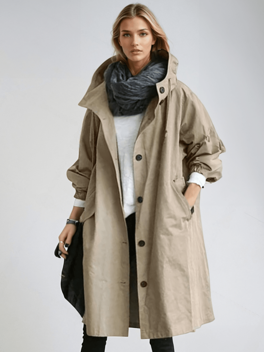 Women's Roomy Classic-Style Trench Coat with Hood