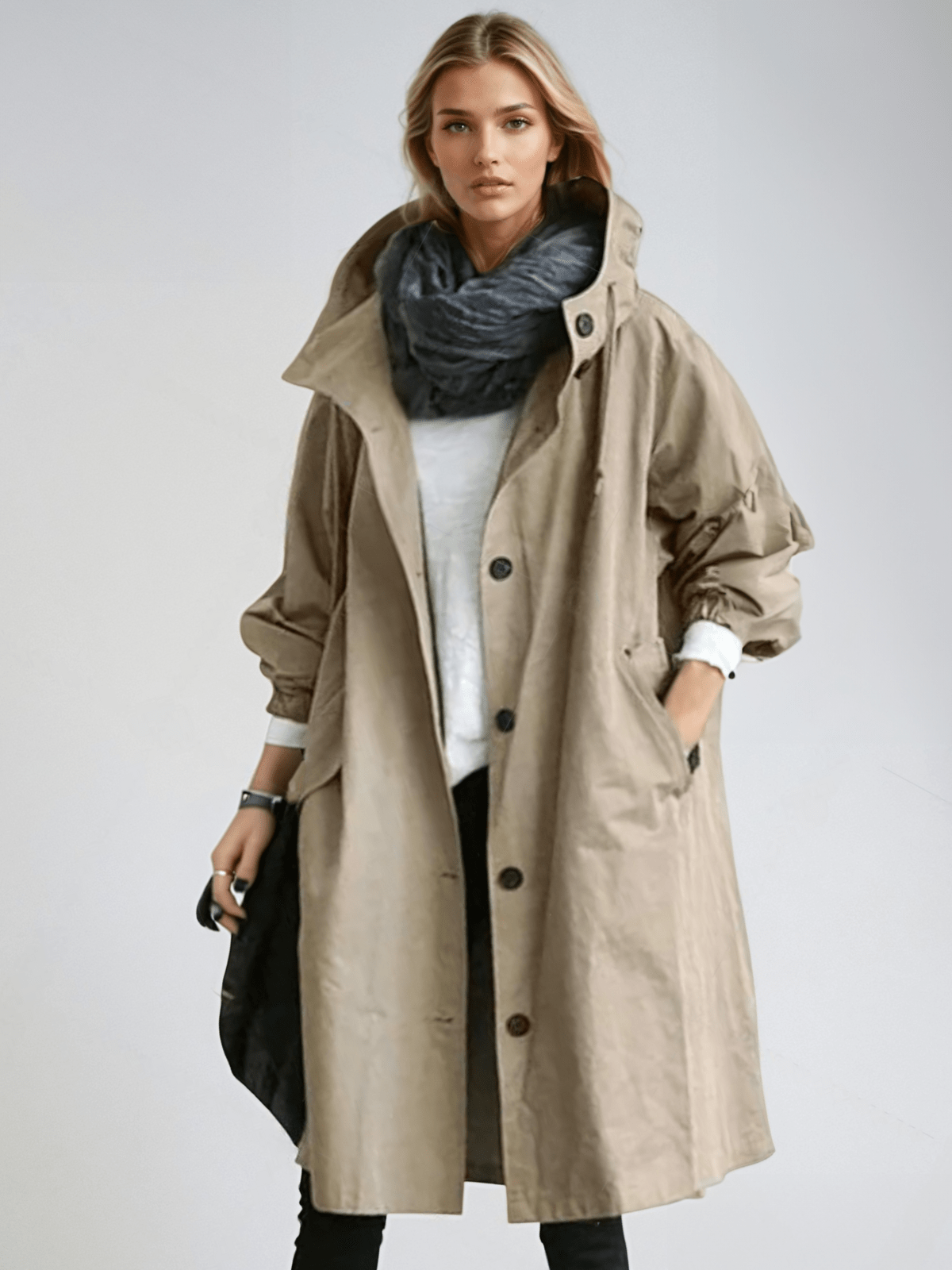 Women's Roomy Classic-Style Trench Coat with Hood