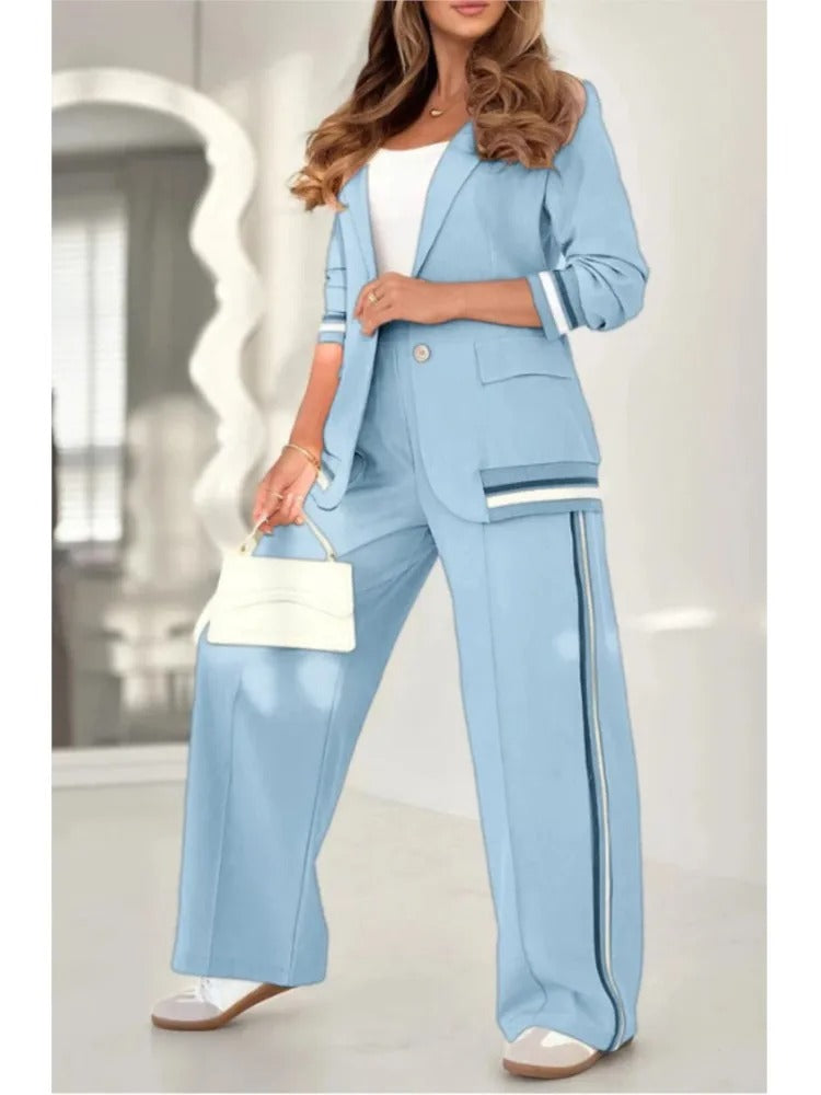 Women's Office Weekend Striped Trim Blazer Pantsuit Set