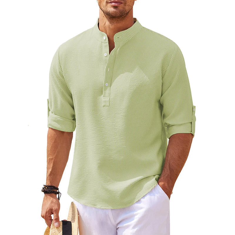 Men's Holiday Band Collar Popover Style Shirt