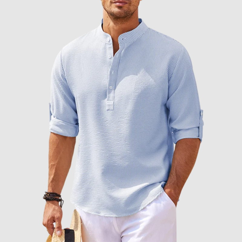 Men's Holiday Band Collar Popover Style Shirt