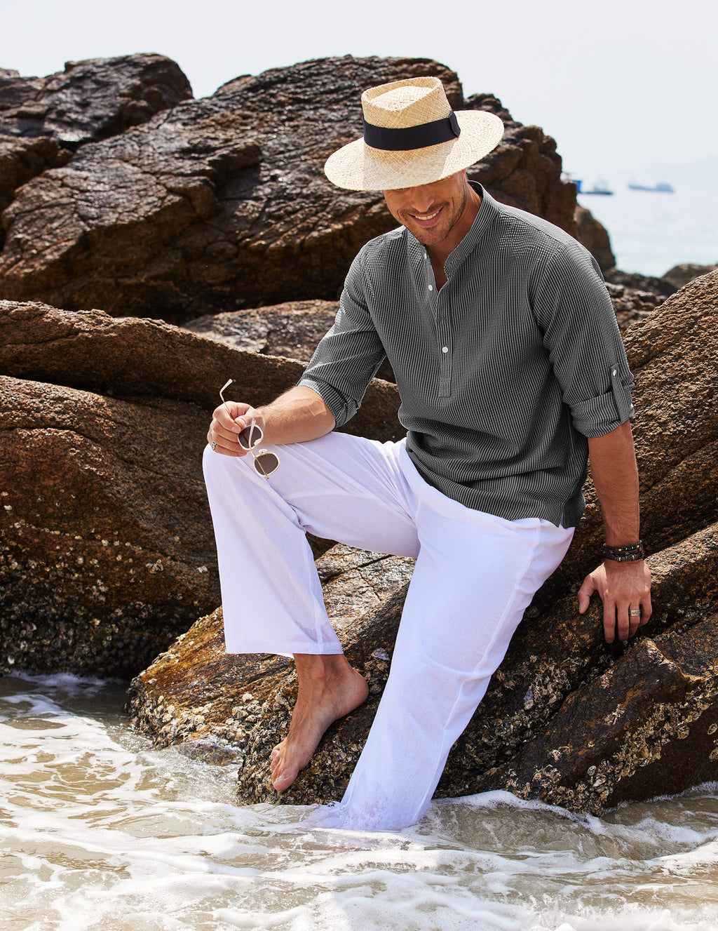 Men's Holiday Band Collar Popover Style Shirt