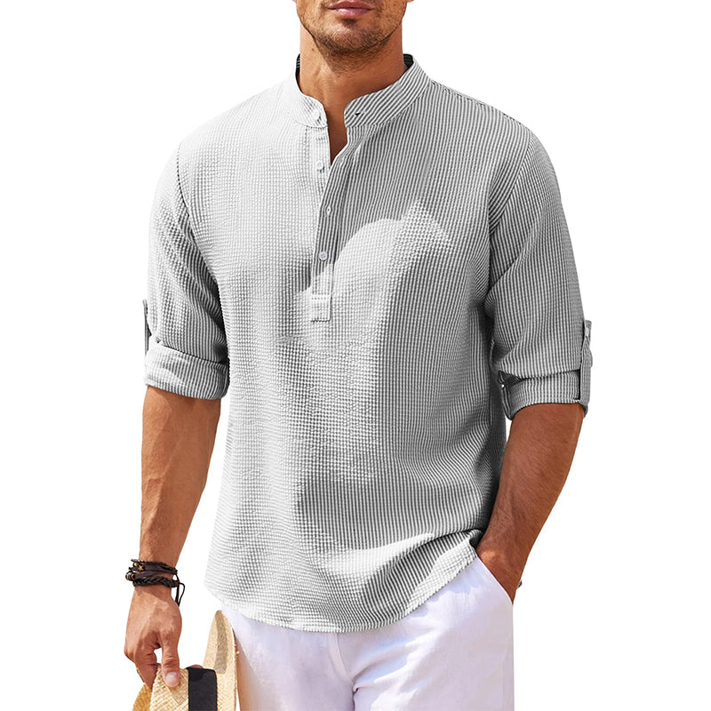 Men's Holiday Band Collar Popover Style Shirt