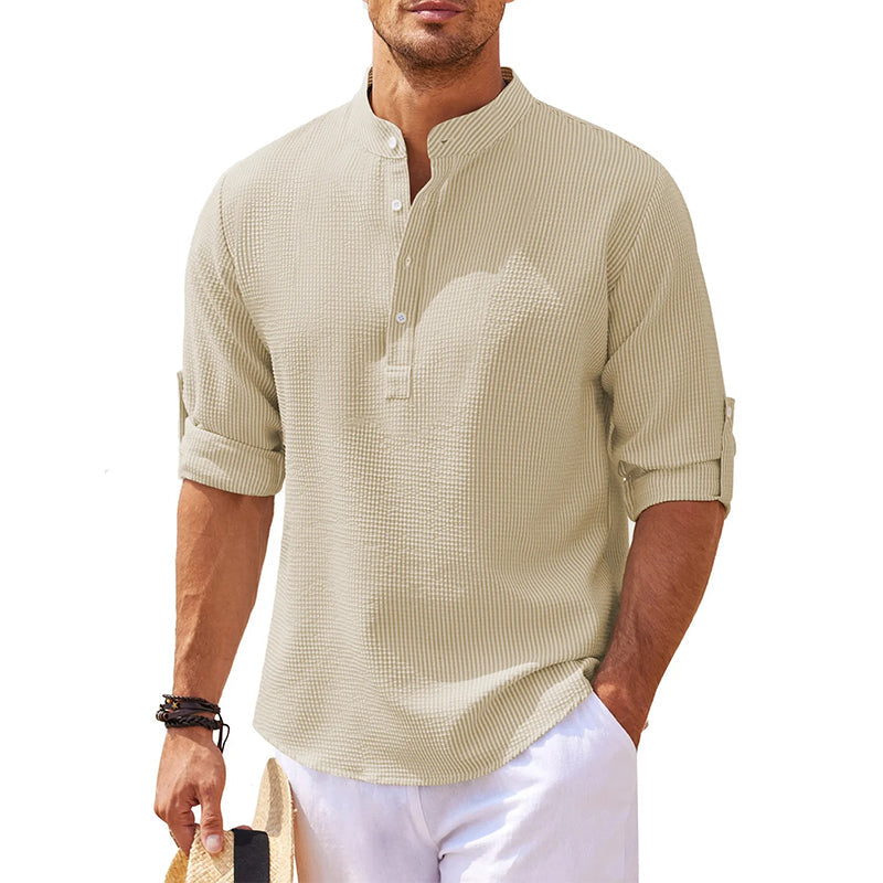 Men's Holiday Band Collar Popover Style Shirt