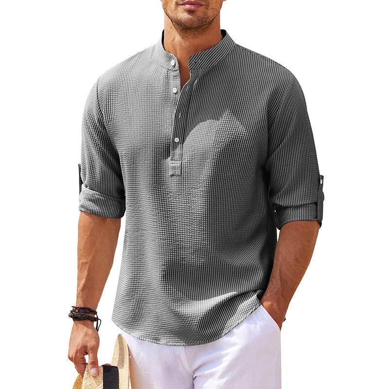 Men's Holiday Band Collar Popover Style Shirt