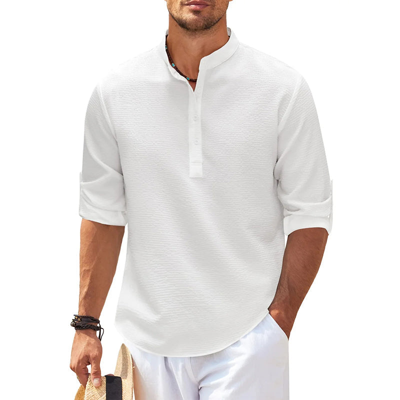 Men's Holiday Band Collar Popover Style Shirt