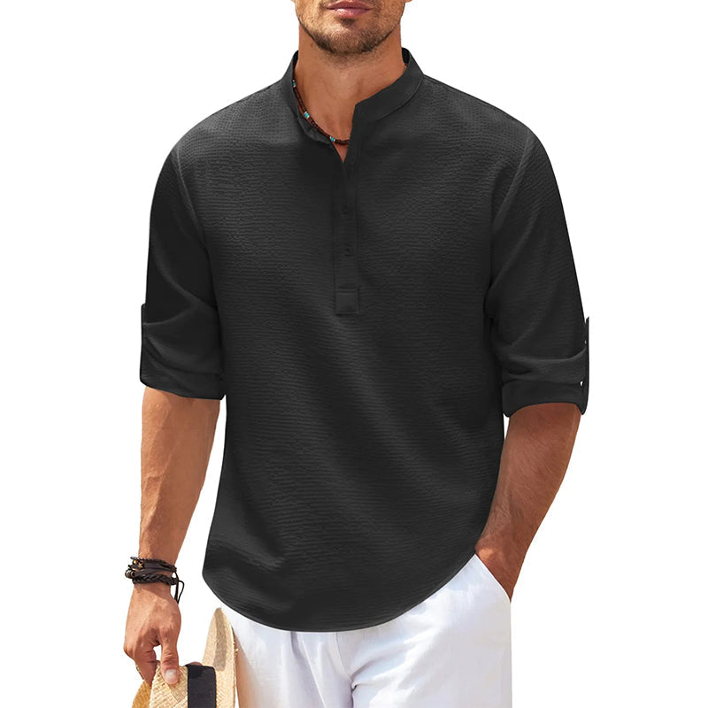 Men's Holiday Band Collar Popover Style Shirt