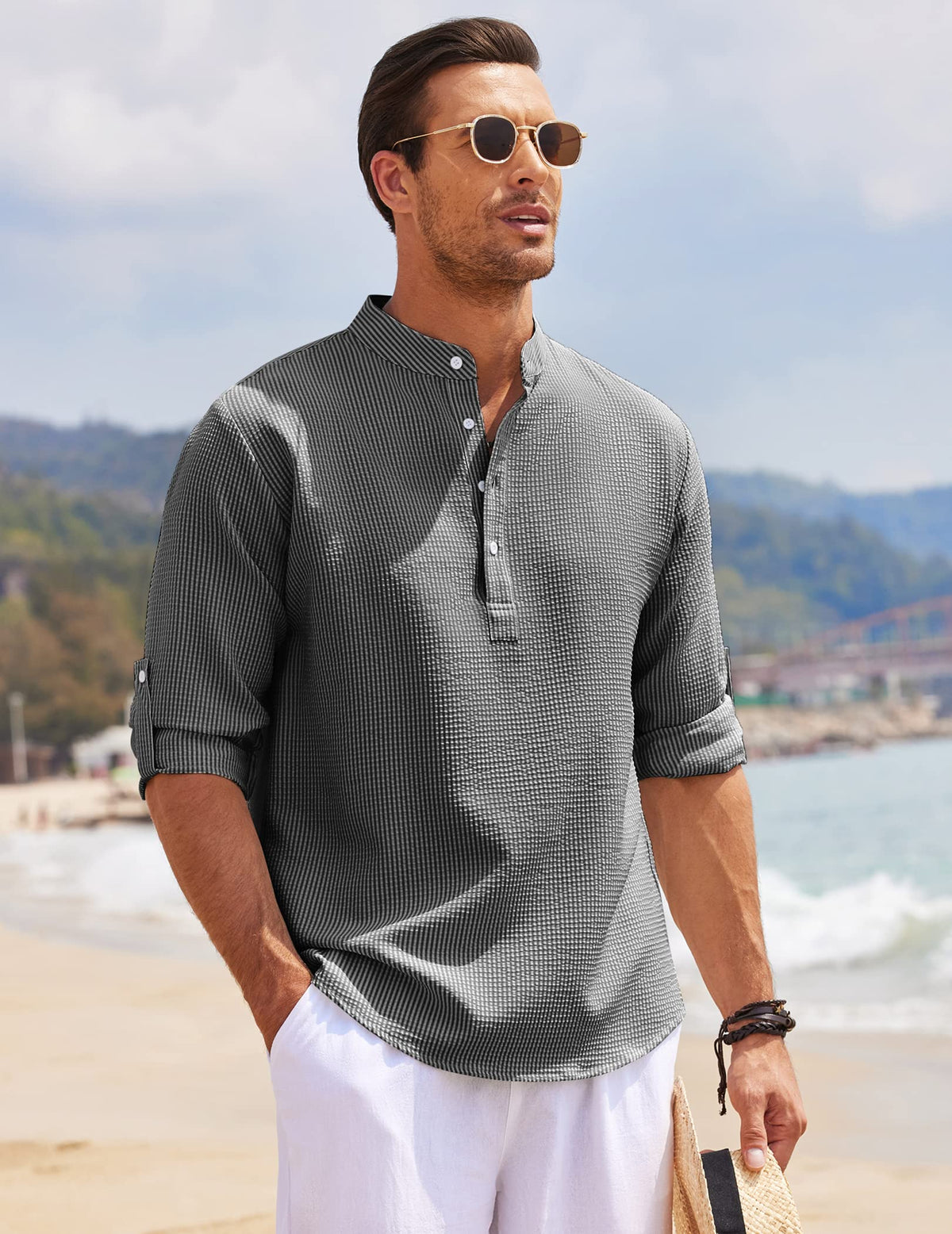 Men's Holiday Band Collar Popover Style Shirt