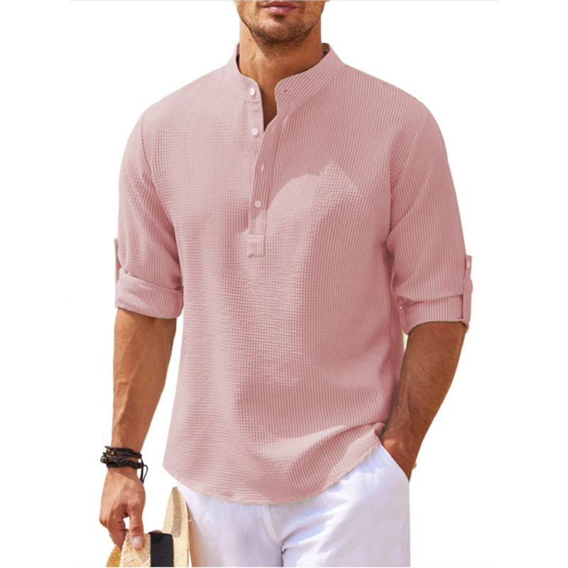 Men's Holiday Band Collar Popover Style Shirt