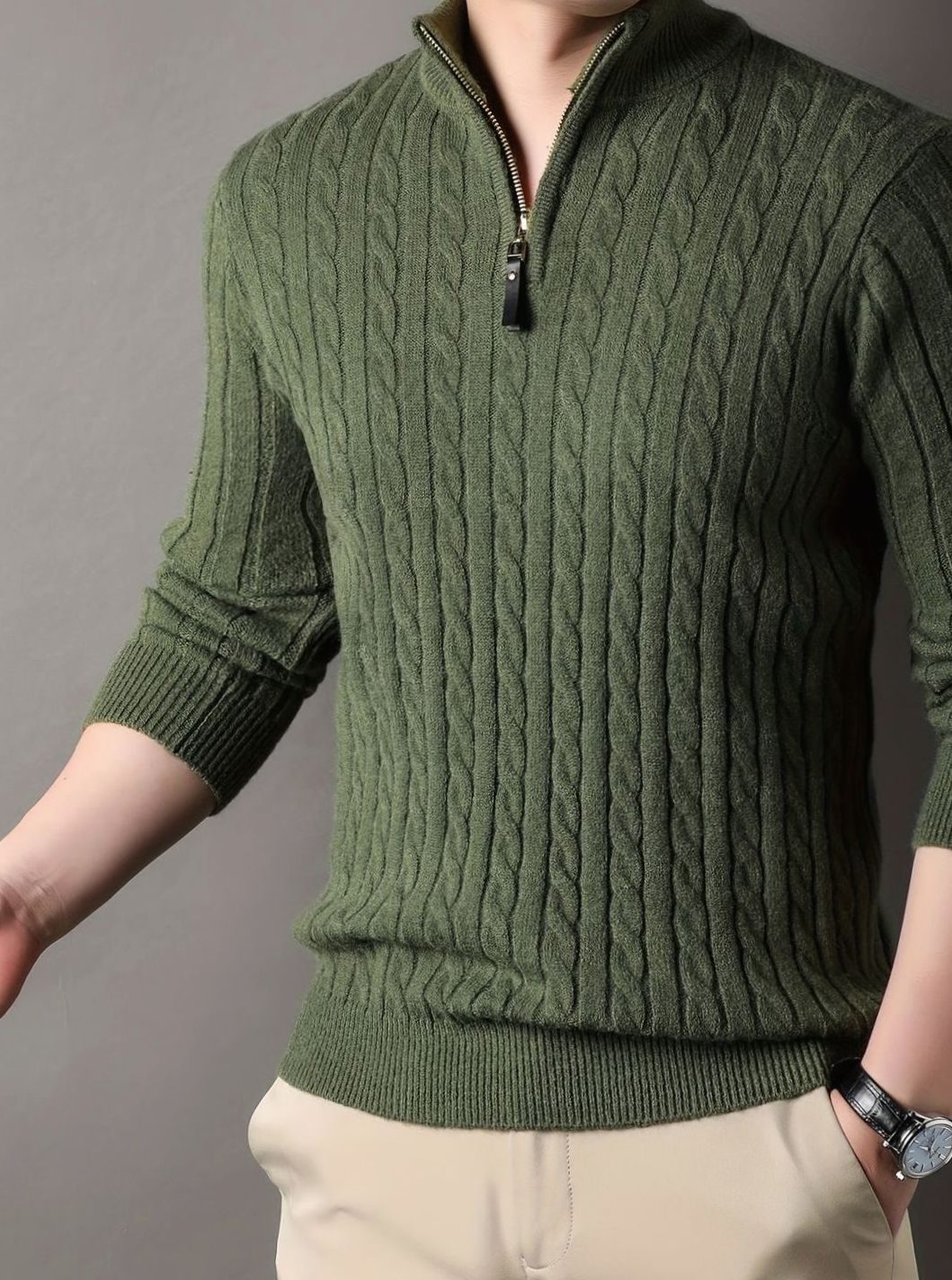 Men's Refined Textured Cable Half-Zip Knit Sweater