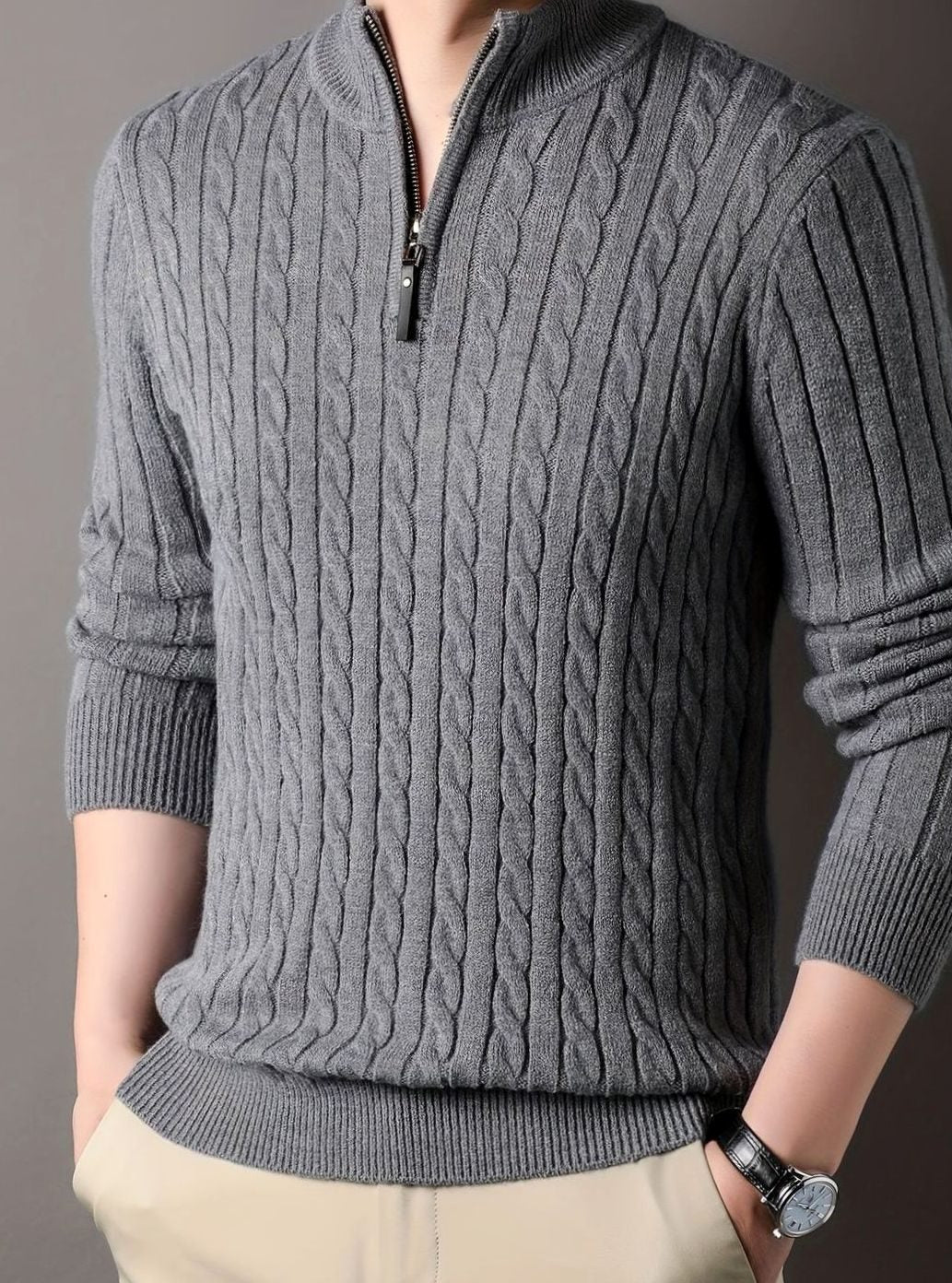 Men's Refined Textured Cable Half-Zip Knit Sweater