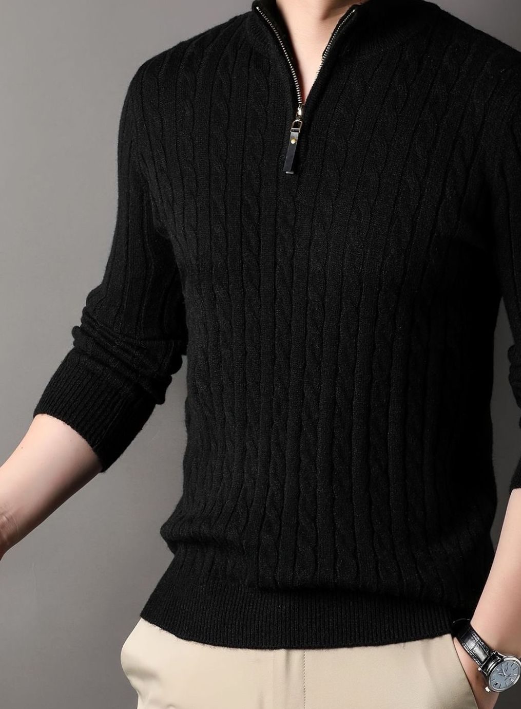 Men's Refined Textured Cable Half-Zip Knit Sweater