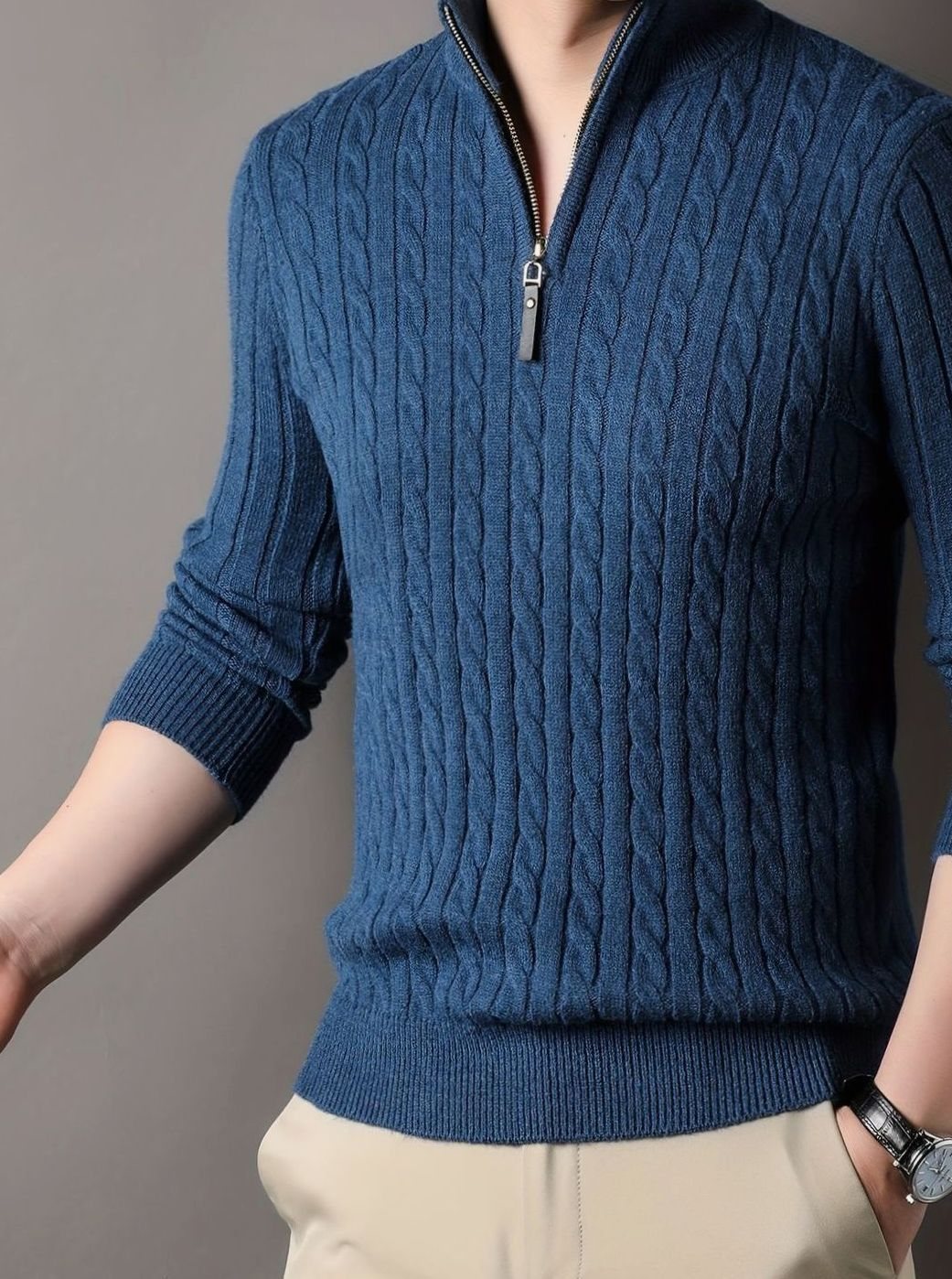 Men's Refined Textured Cable Half-Zip Knit Sweater