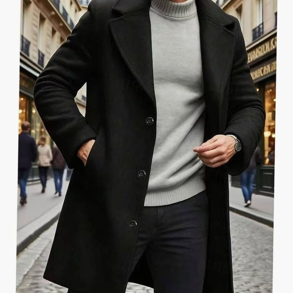 Men's Timeless Wool Overcoat with Single-Breasted Front