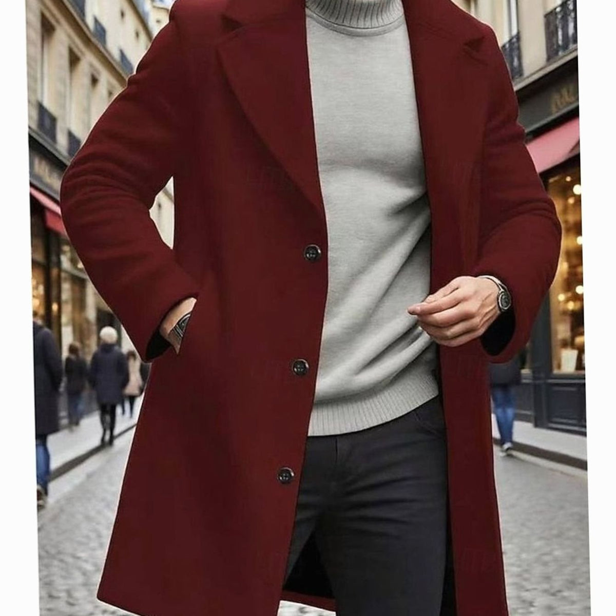 Men's Timeless Wool Overcoat with Single-Breasted Front