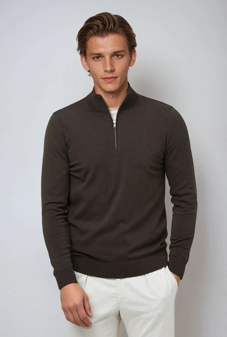 Men's Ribbed Cuffs Cold Season Quarter-Zip Sweater Top