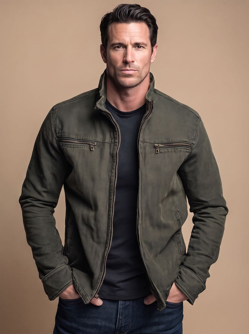Men's Multi Pocket Cotton Stand-Collar Zipper Coat