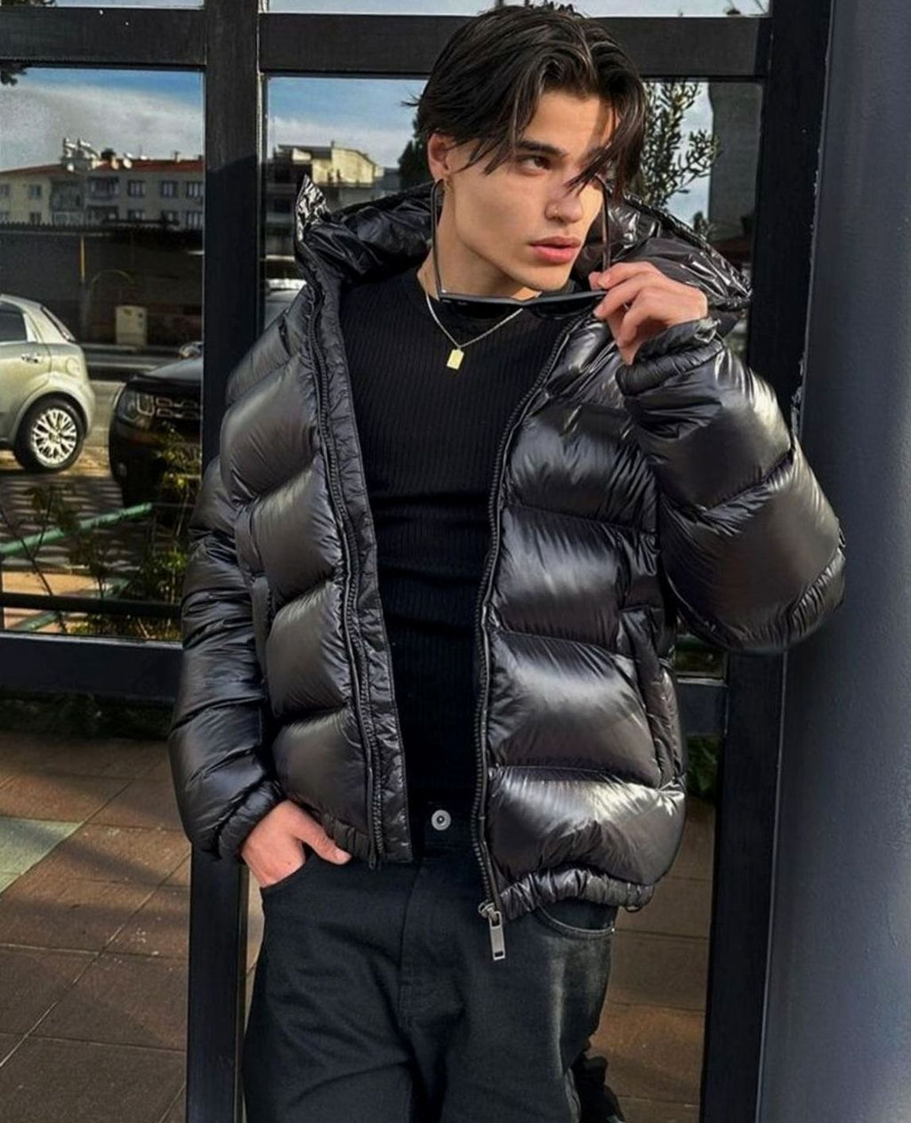 Men's Shiny Finish Quilted Winter Puffer Jacket with Hood