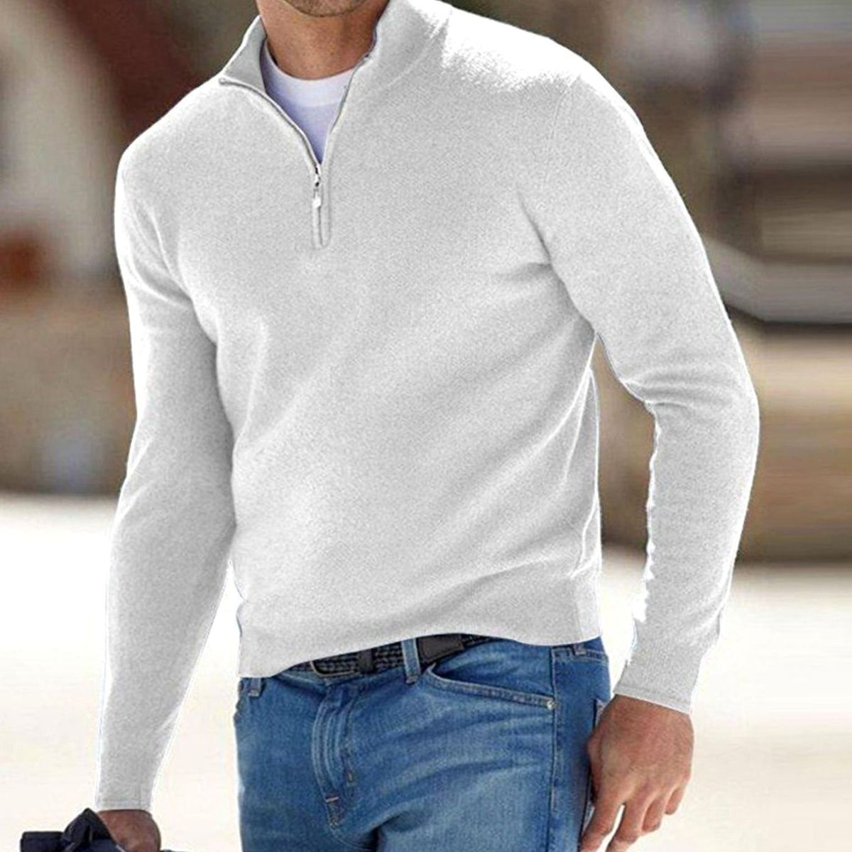 Men's Fitted Zip Neck Stand Collar Knit Sweater