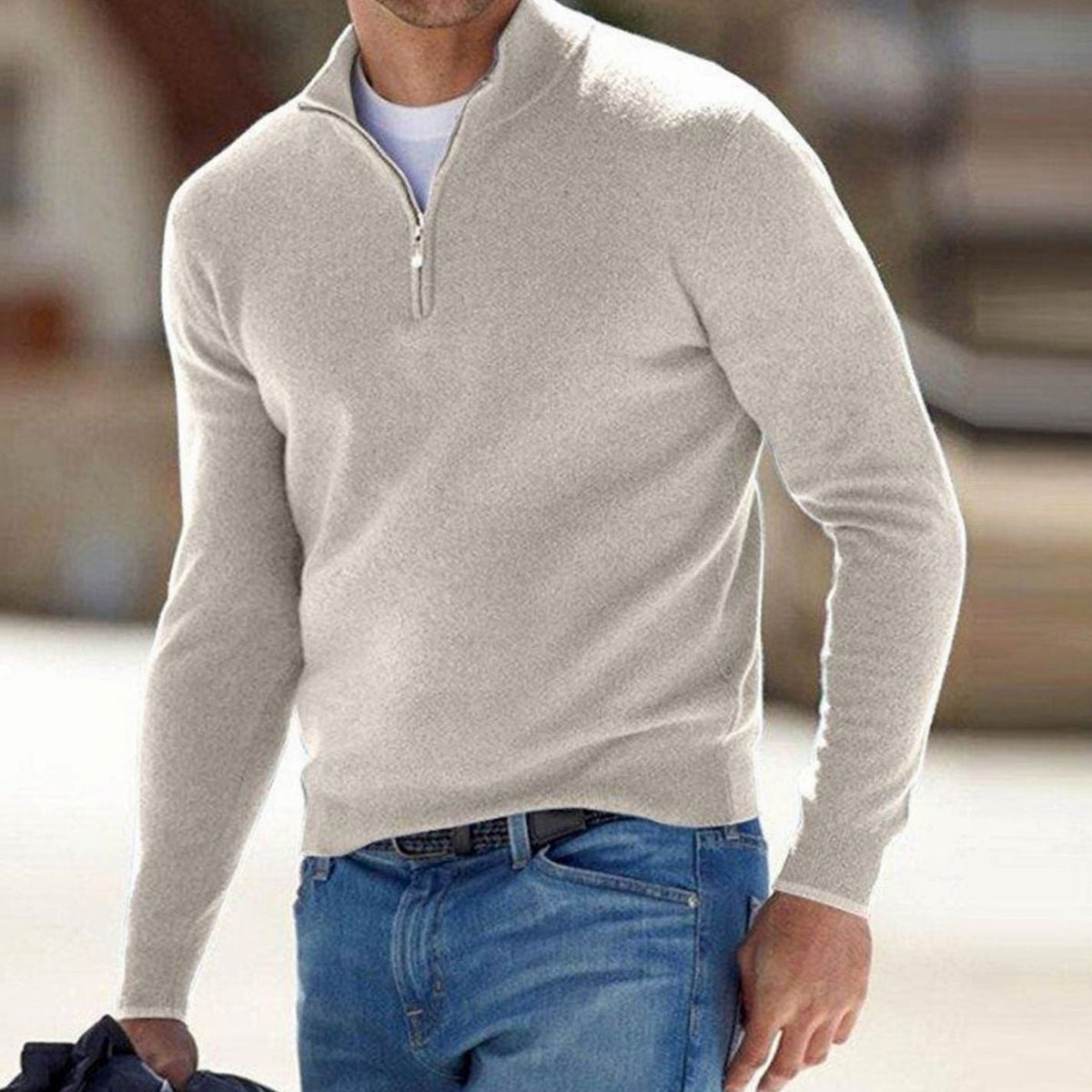 Men's Fitted Zip Neck Stand Collar Knit Sweater