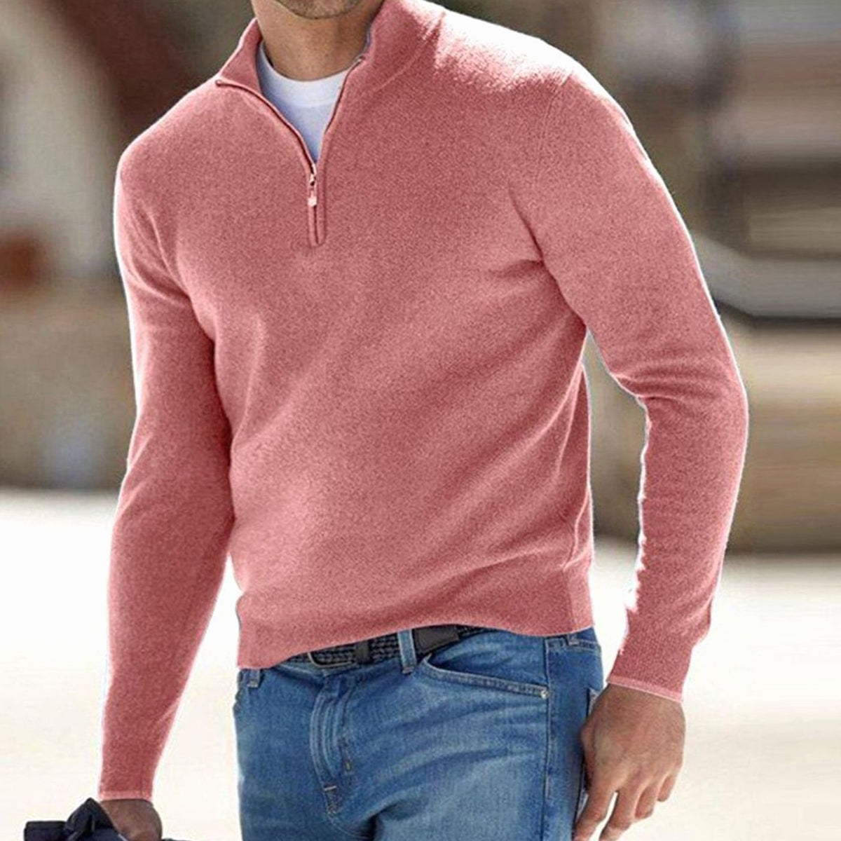 Men's Fitted Zip Neck Stand Collar Knit Sweater