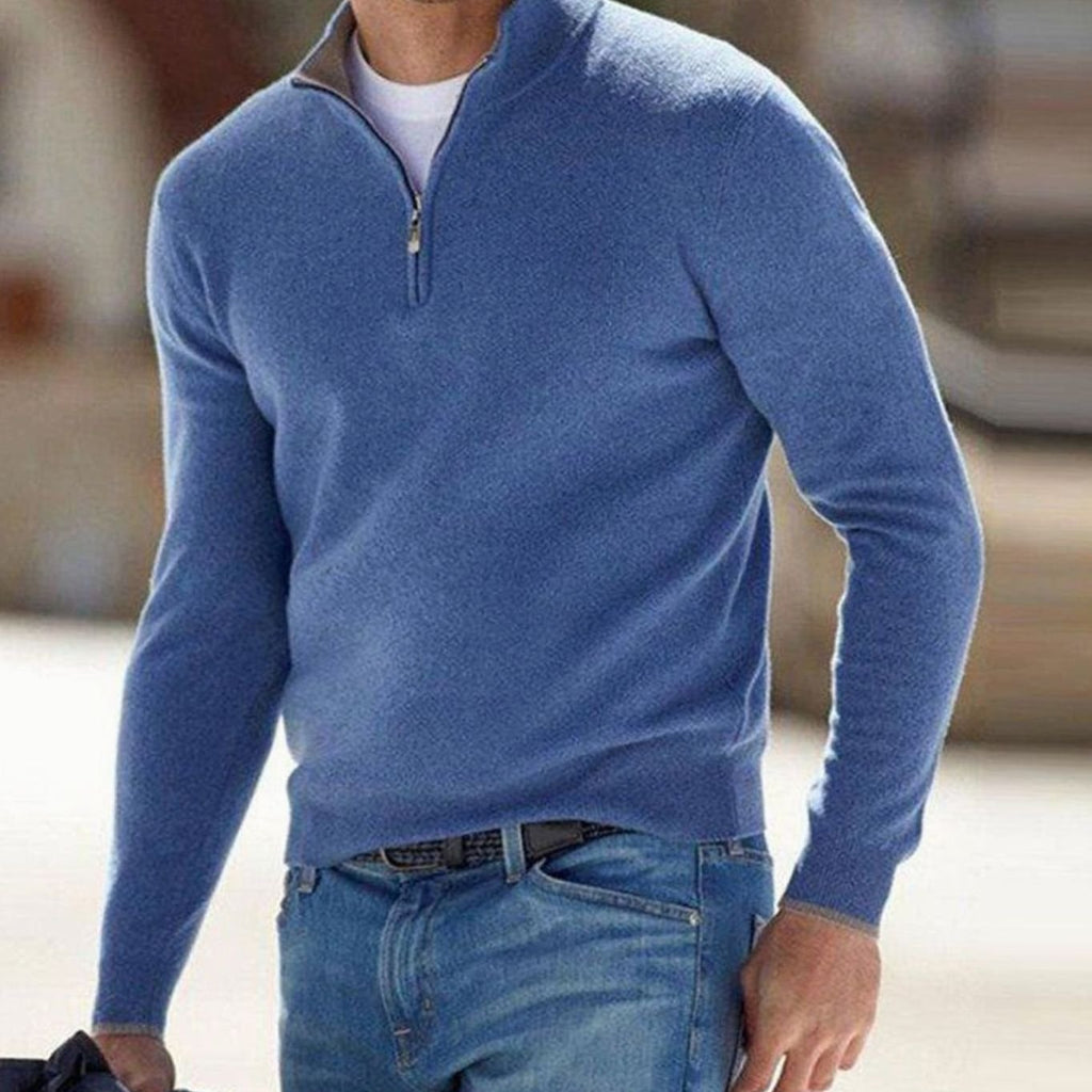 Men's Fitted Zip Neck Stand Collar Knit Sweater