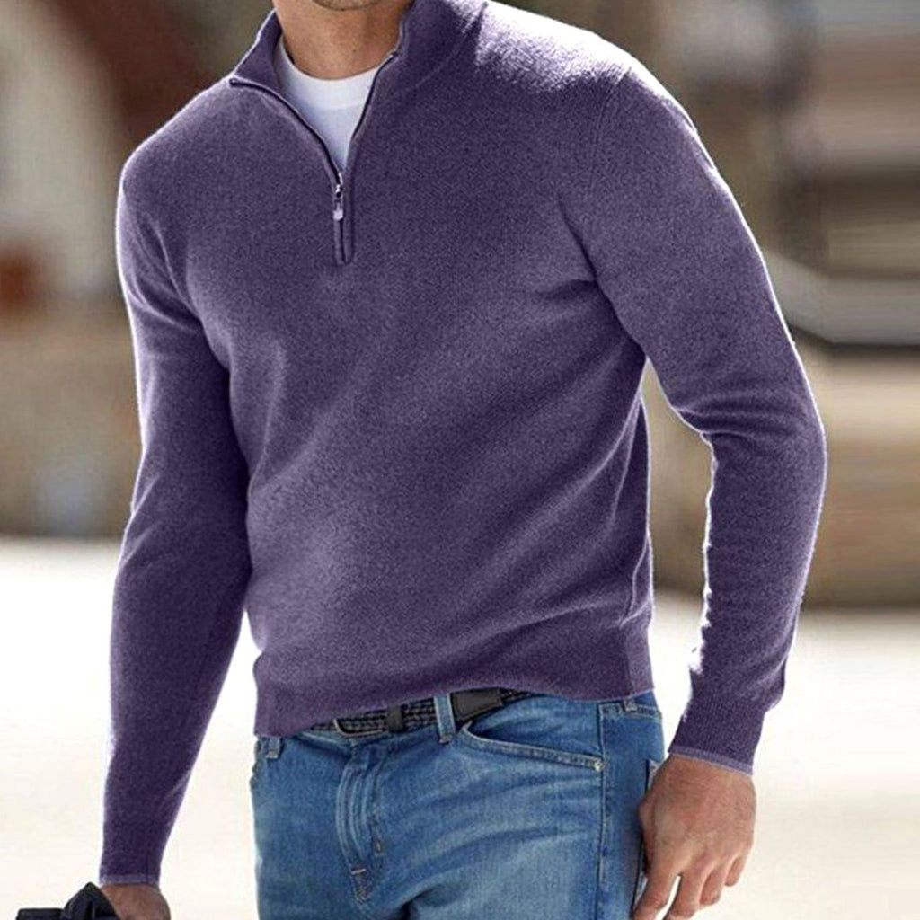 Men's Fitted Zip Neck Stand Collar Knit Sweater