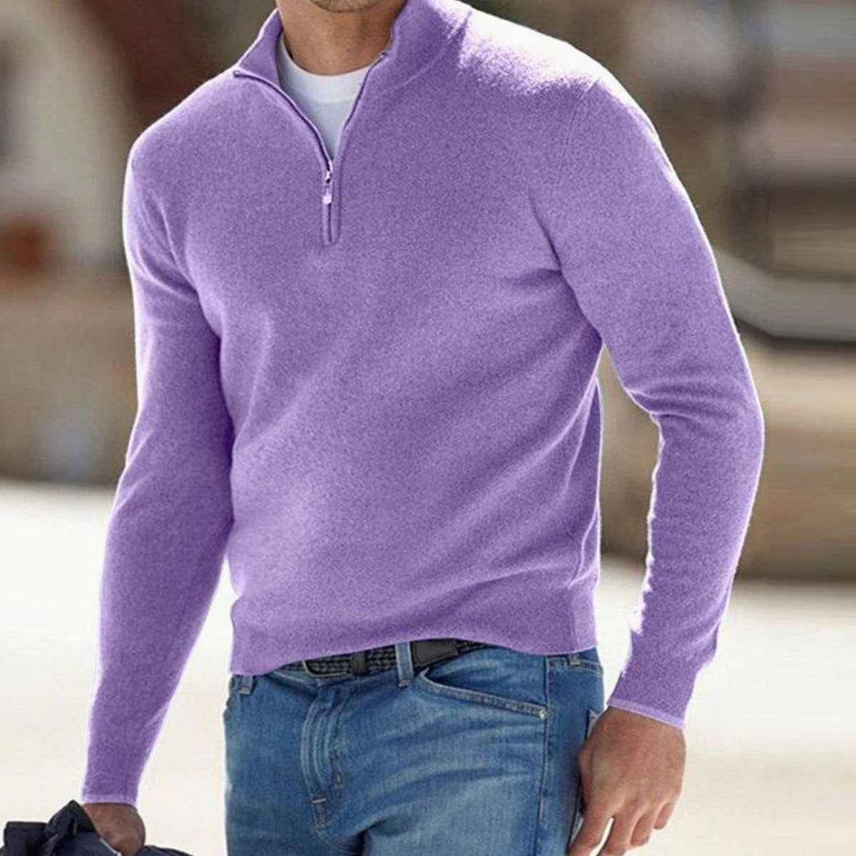 Men's Fitted Zip Neck Stand Collar Knit Sweater