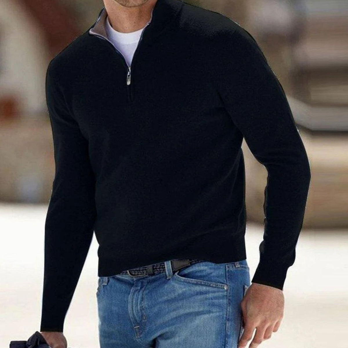 Men's Fitted Zip Neck Stand Collar Knit Sweater