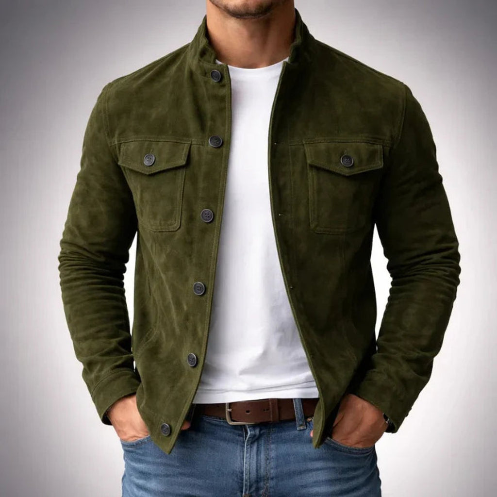 Men's Buttoned Suede Jacket with Stand Collar and Soft Hand