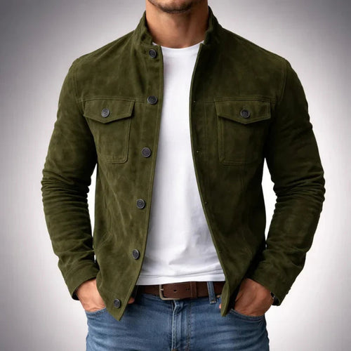 Men's Buttoned Suede Jacket with Stand Collar and Soft Hand
