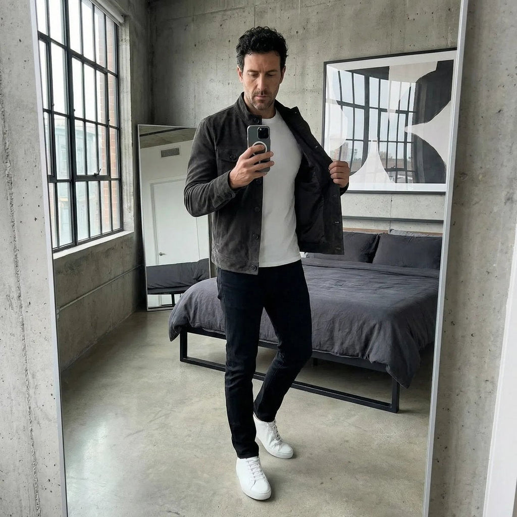 Men's Buttoned Suede Jacket with Stand Collar and Soft Hand