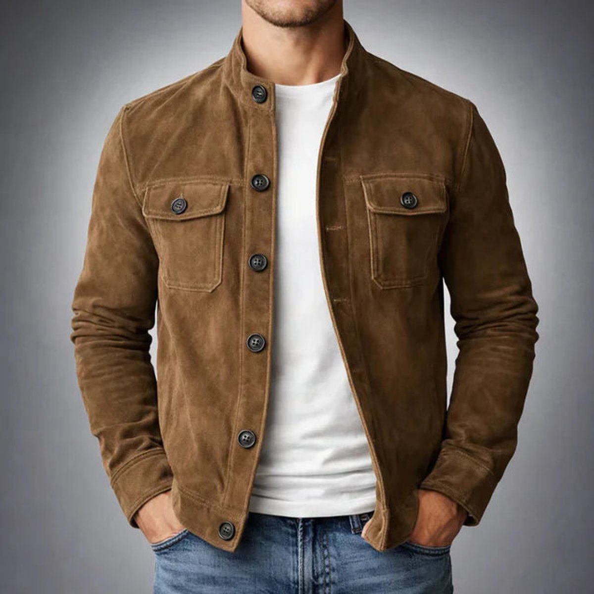 Men's Buttoned Suede Jacket with Stand Collar and Soft Hand