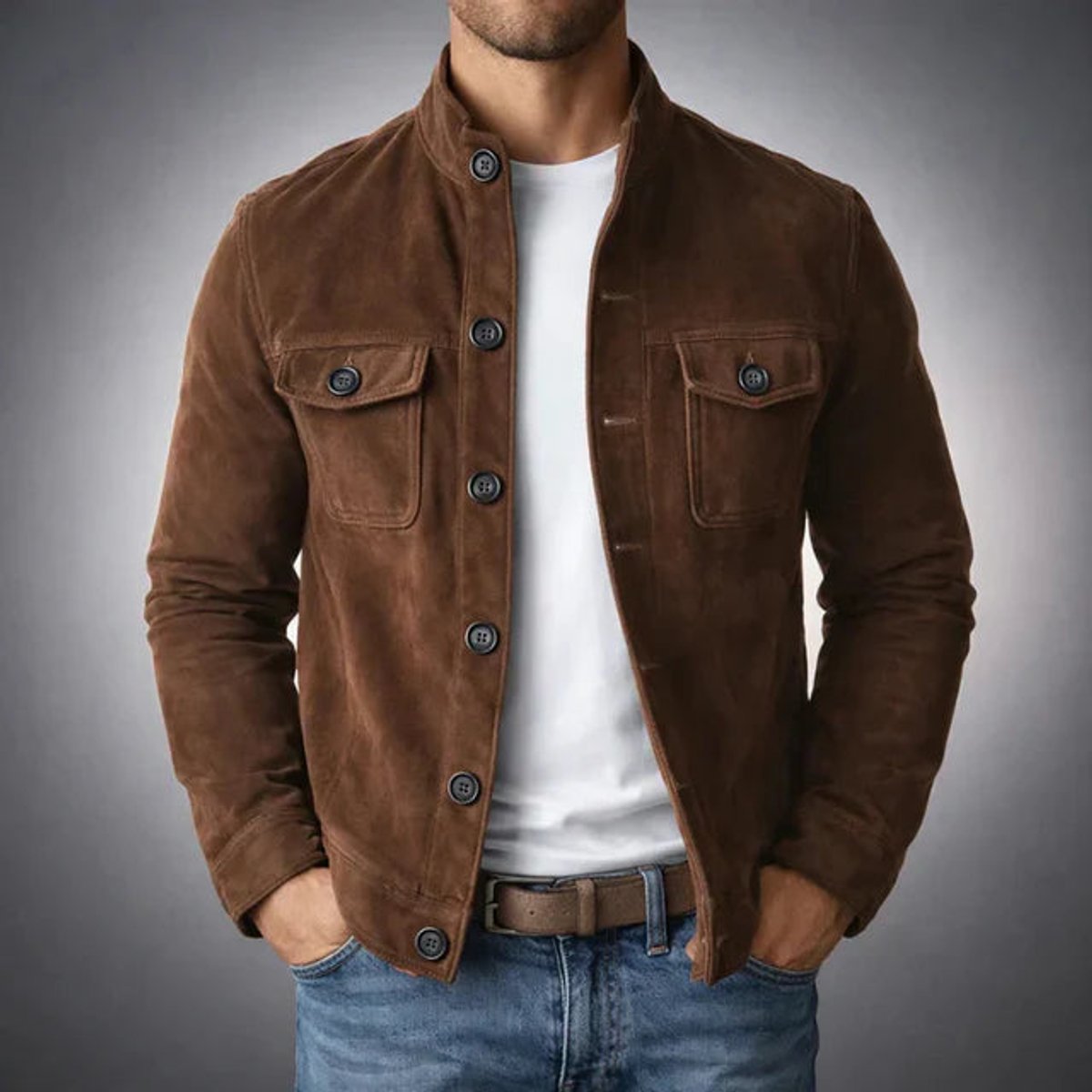 Men's Buttoned Suede Jacket with Stand Collar and Soft Hand