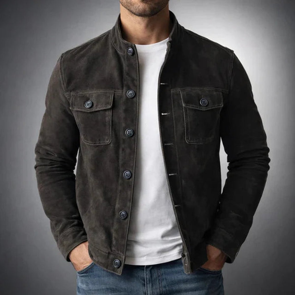 Men's Buttoned Suede Jacket with Stand Collar and Soft Hand