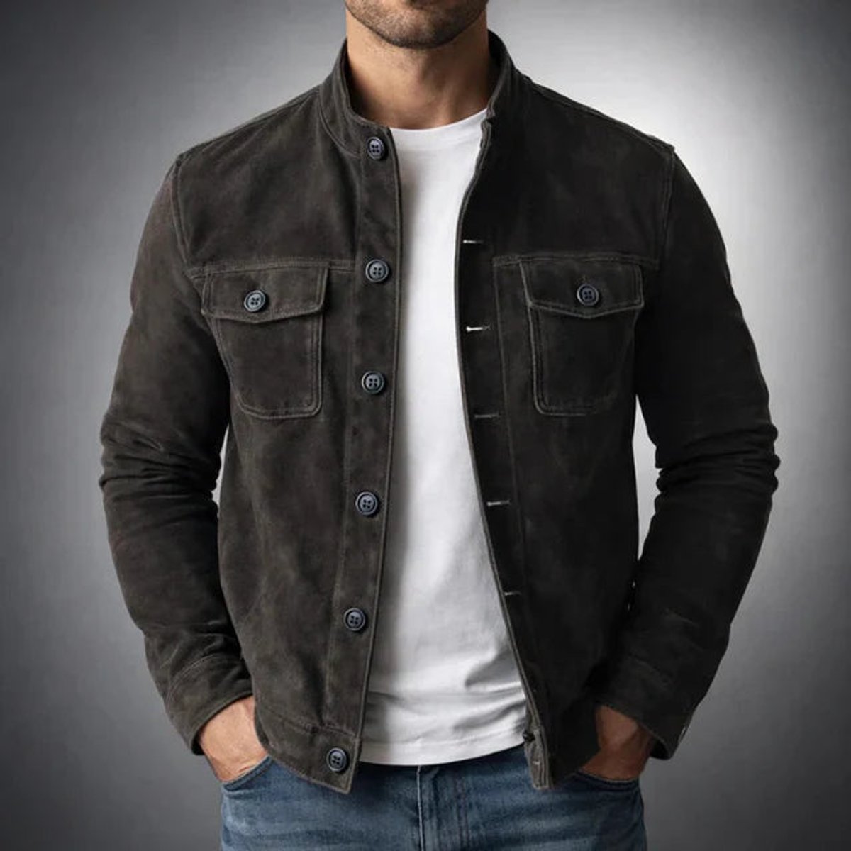 Men's Buttoned Suede Jacket with Stand Collar and Soft Hand