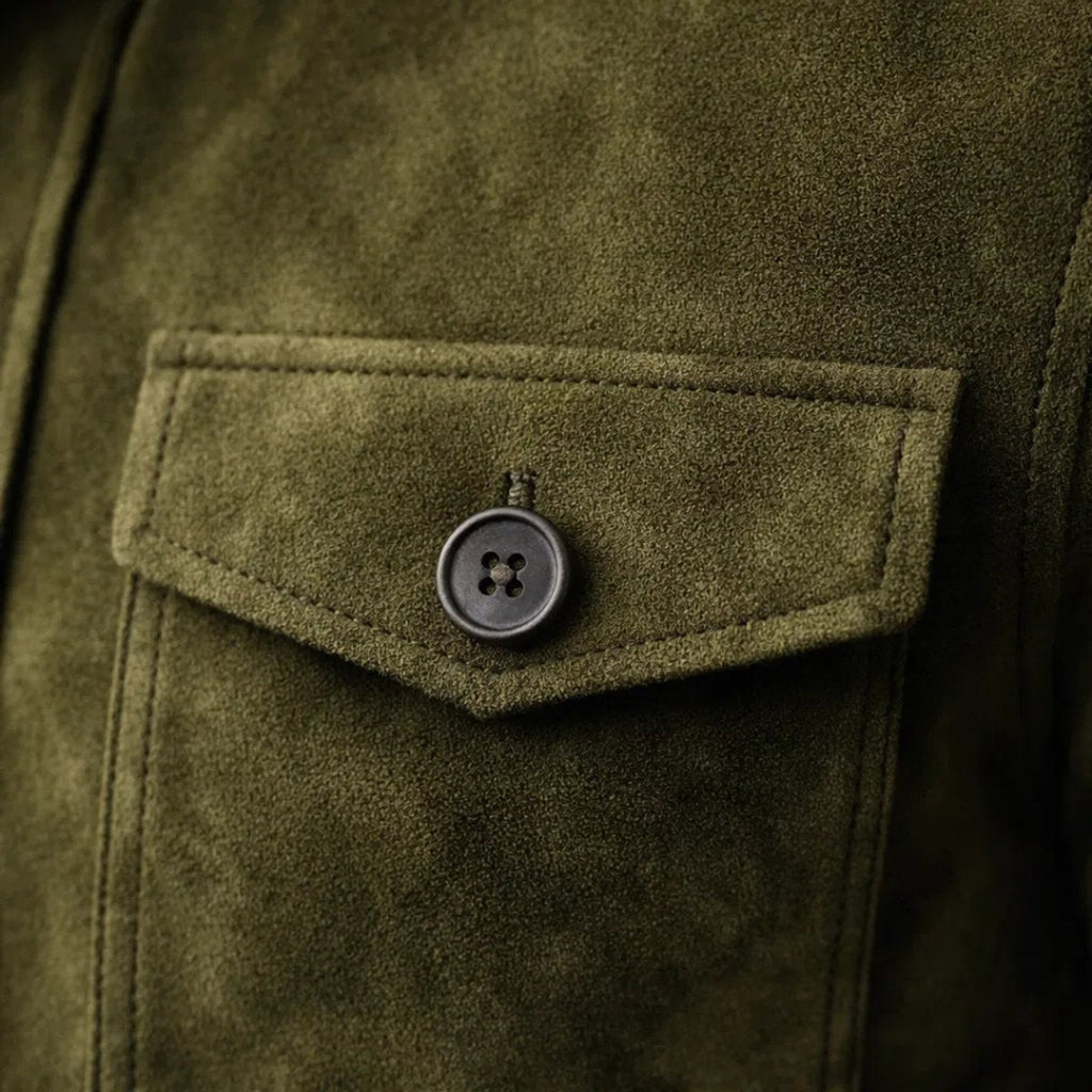 Men's Buttoned Suede Jacket with Stand Collar and Soft Hand